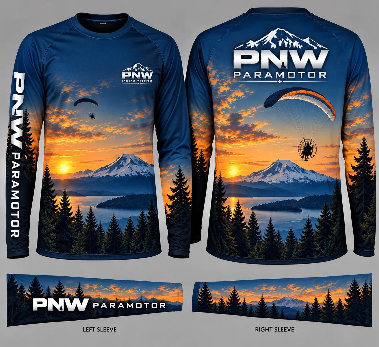 PNW Crew Paramotor Flight Jersey - front and back, navy long sleeve with Mt. Rainier sunset design